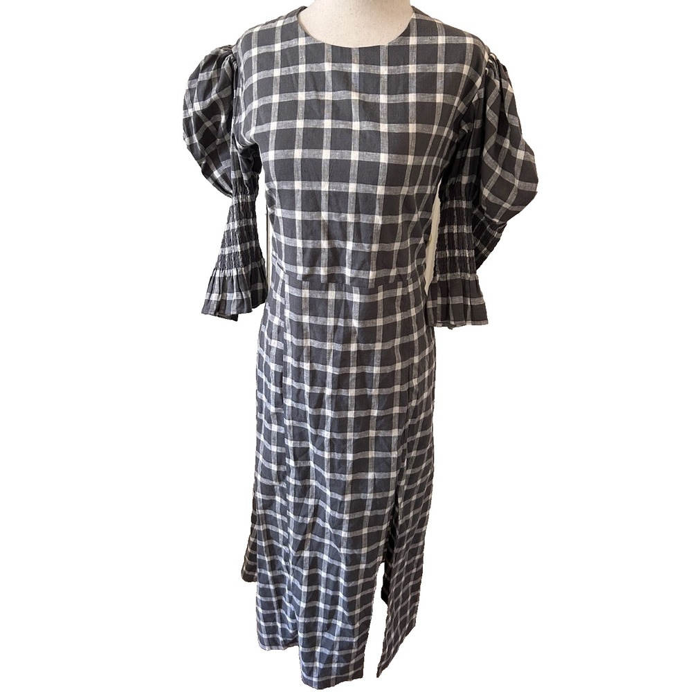 NARY Gingham Puff Sleeve Midi Dress Charcoal White Linen Blend Lace Up Back L